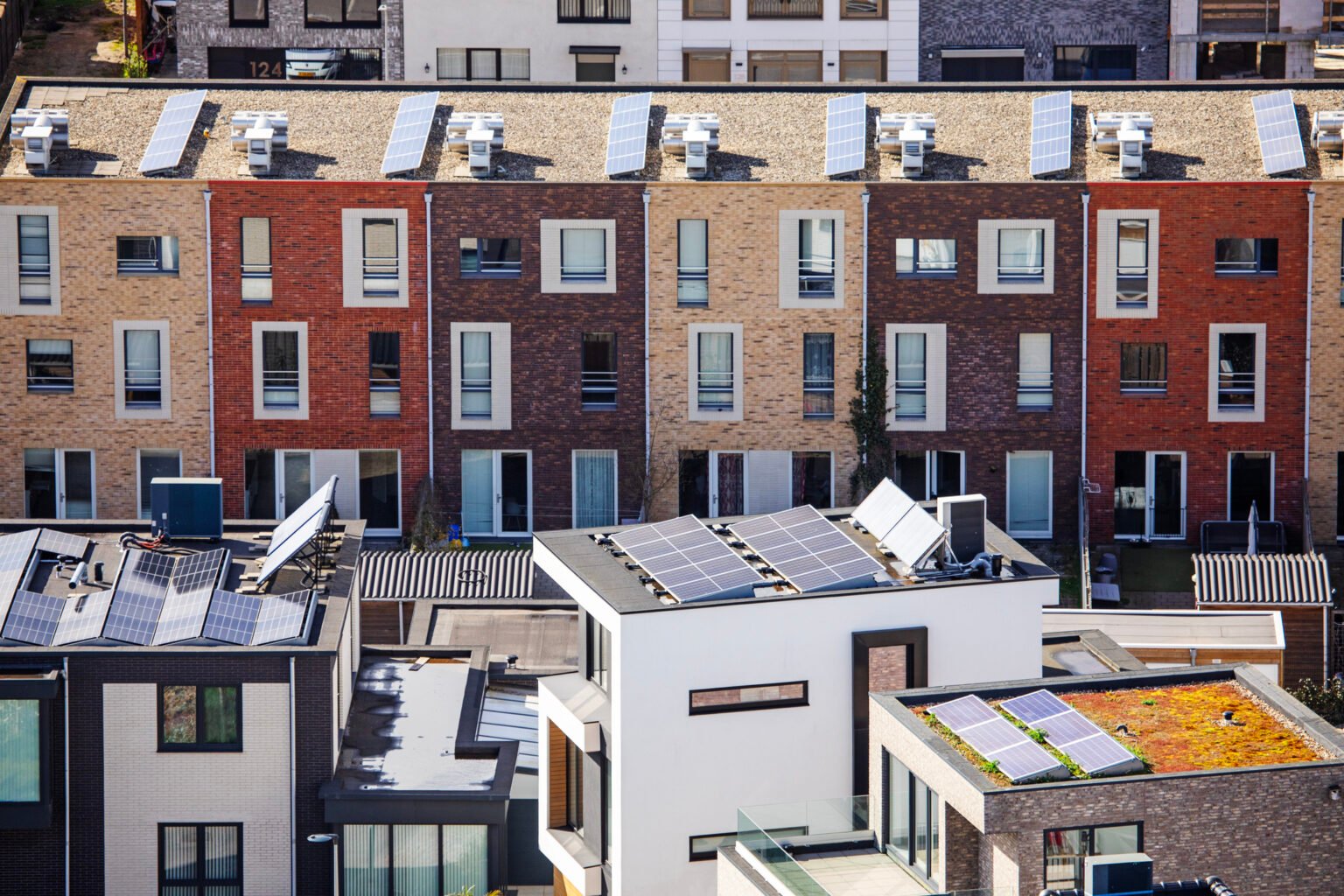 Solar panels on residential housing rooftops in the Netherlands